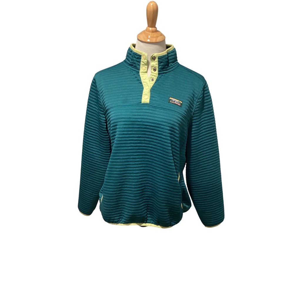 LL Bean Womens Large Petite Quilted‎ Pullover Snap Neck Teal Green 506835